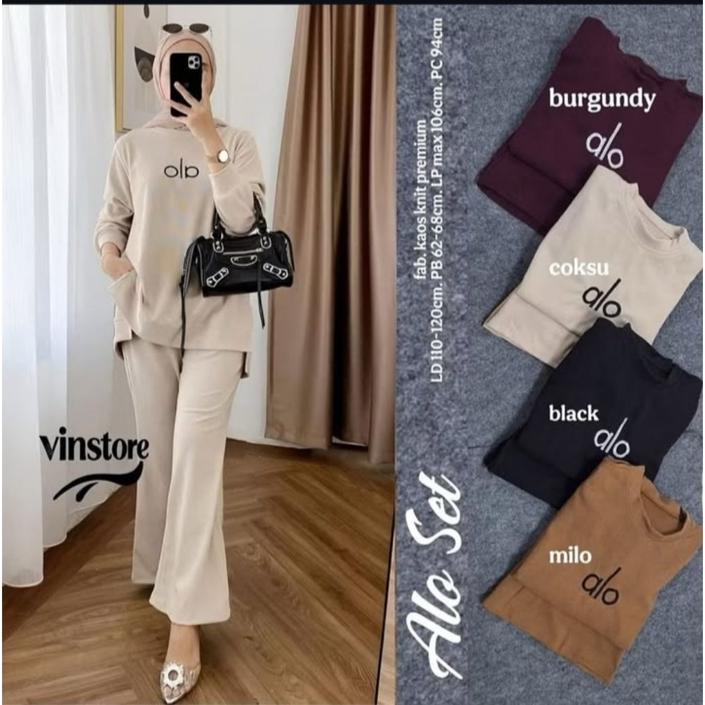 Setelan Knit Vest alo BORDIR Oneset Premium Terbaru Baju Wanita Satu Set OLO Premium Terbaru COD