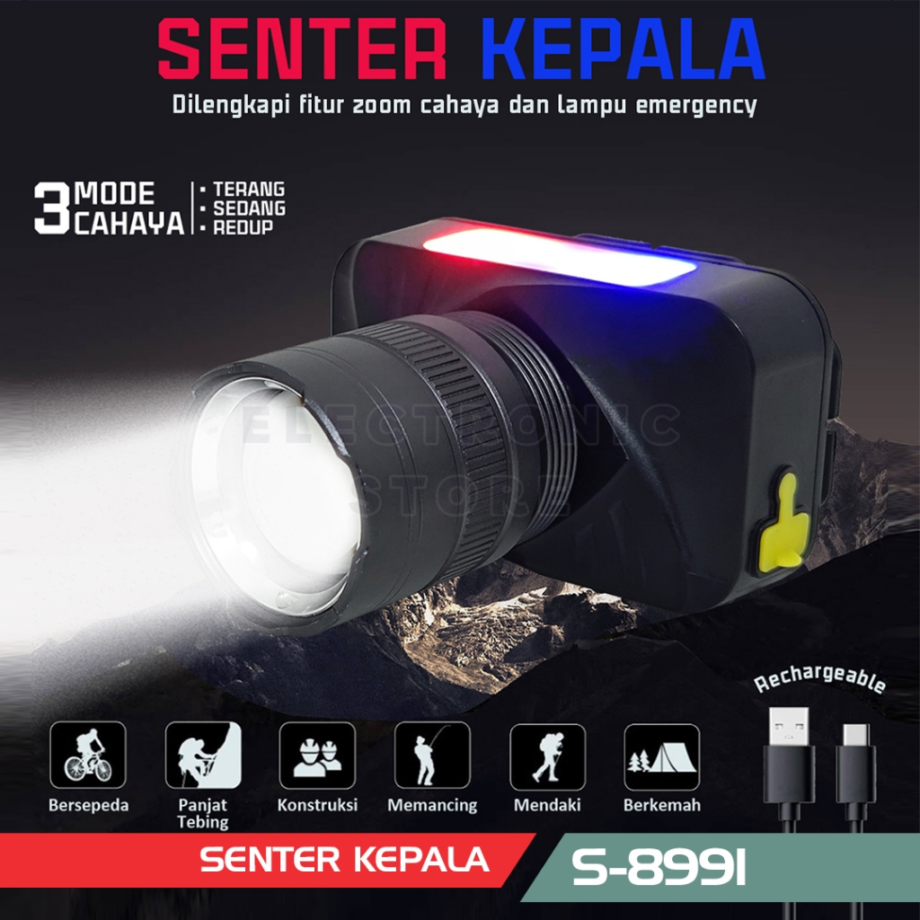 Senter Kepala Led Zoom anti air 110W / Lampu Senter Kepala super terang Terbaik cahaya putih