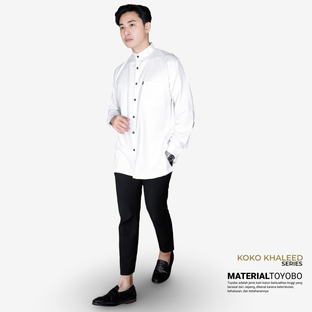 Koko Khaleed Putih Hitam Polos Premium Lengan Manset | Koko Polos Pria Dewasa Katun Toyobo Lembut