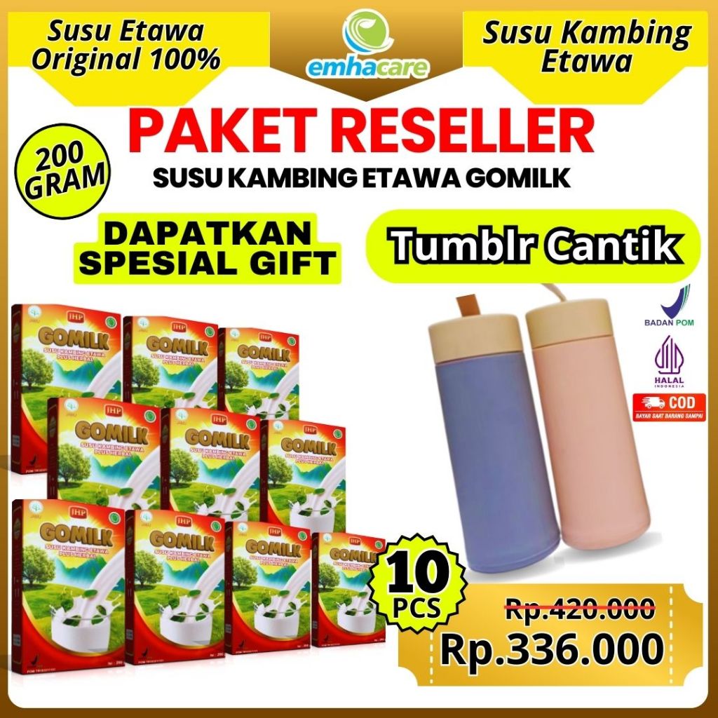 

[GRATIS TUMBLR CANTIK] PAKET RESELLER GOMILK SUSU KAMBING ETAWA PLUS HERBAL 10 Pcs