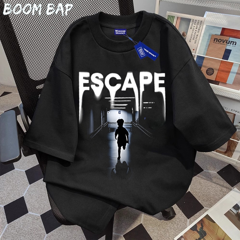 BOOMBAP American retro Style T-shirt Oversize ESCAPE Anak Koridor Print top| Kaos Wanita Hitam | Kao