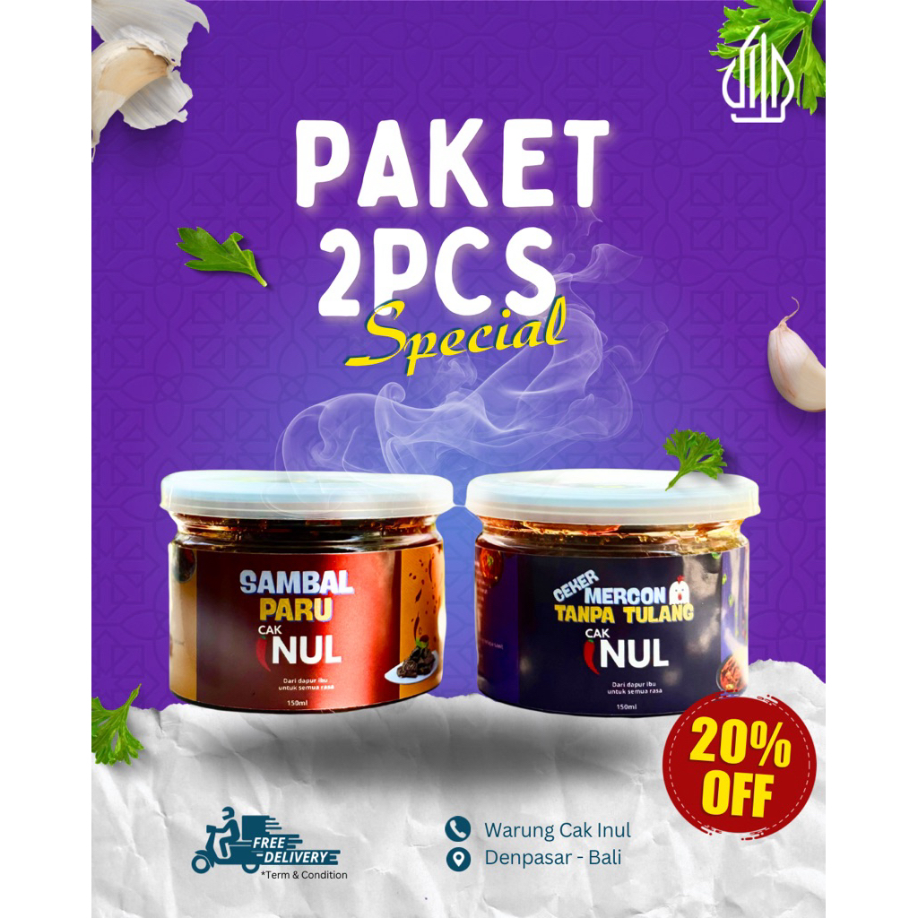 

Paket Hemat 2pcs Sambal Cak Inul - 150gr Halal / sambal Cakalang / sambal paru / Ikan teri / sambal tempong banyuwangi / sambal baby cumi / sambel pedas Halal / sambal pedas