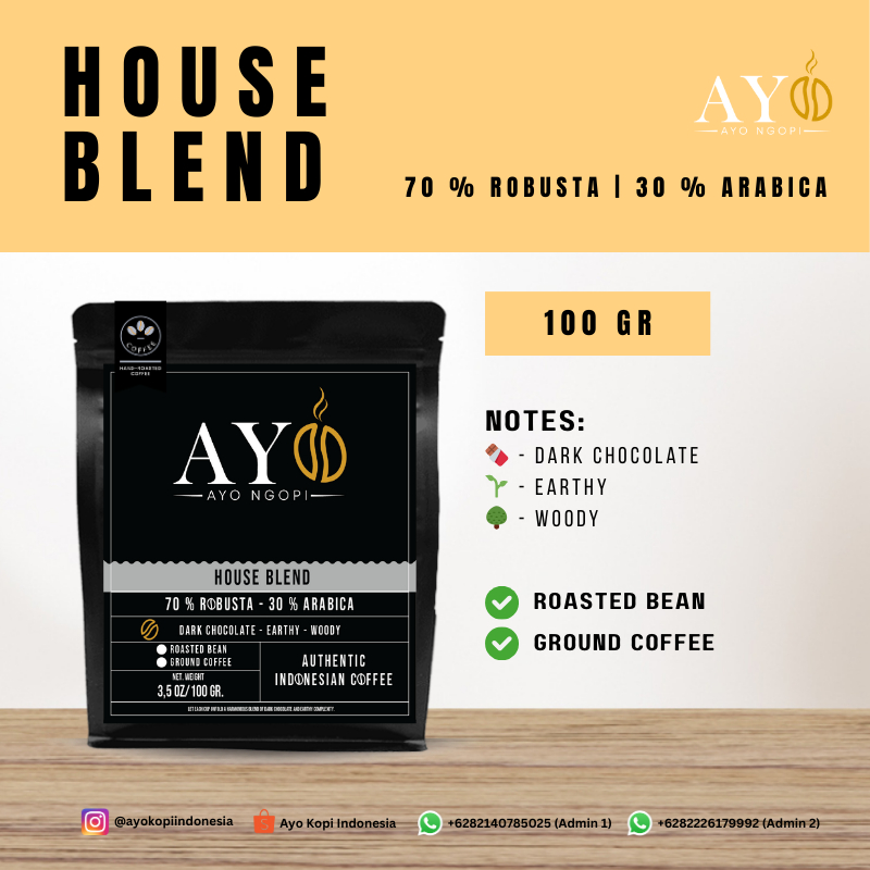 

AYOKOPI Kopi House Blend – Kopi Bubuk Arabica Robusta Untuk Kopi Susu & Manual Brew 100Gr