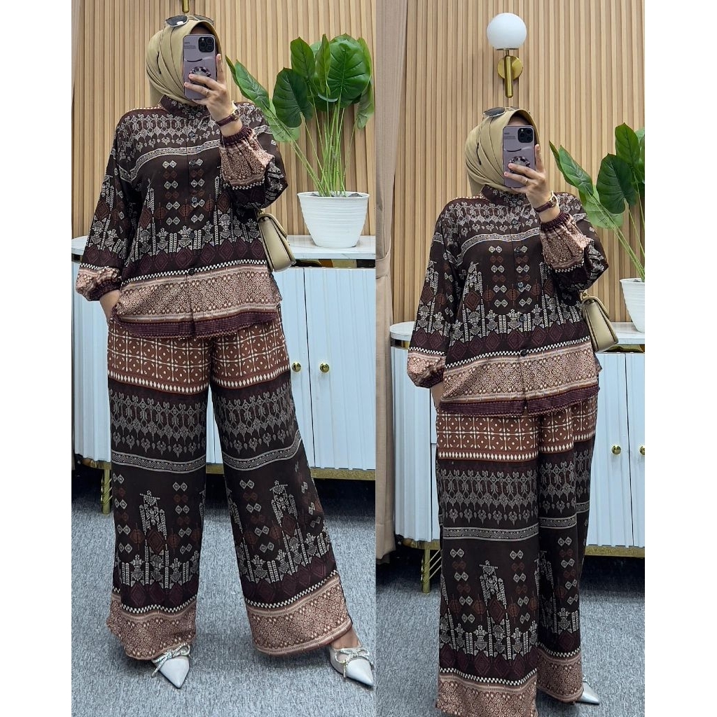 setelan batik songket//oneset tangan panjang batik songket//setelan celana kulot wanita