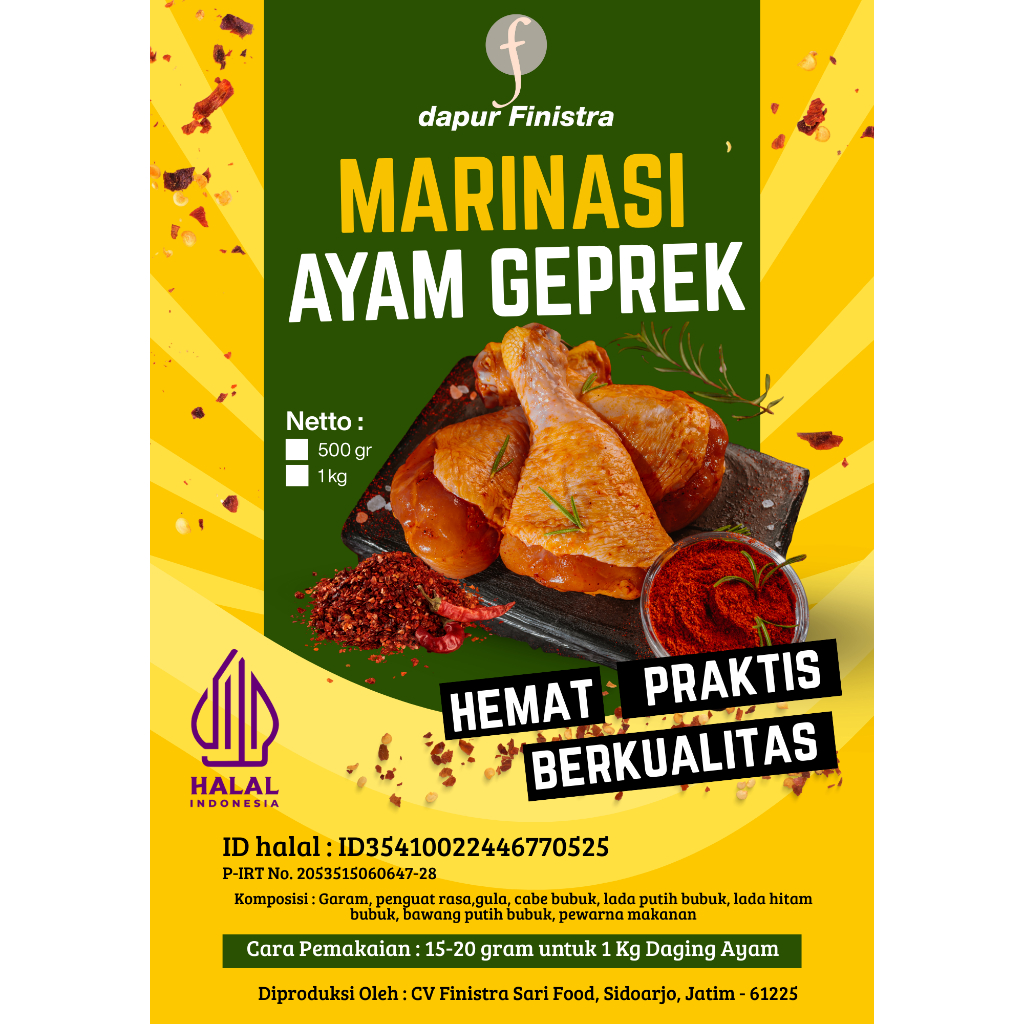 

Bumbu Marinasi Ayam Geprek 250 Gram Dapur Finistra