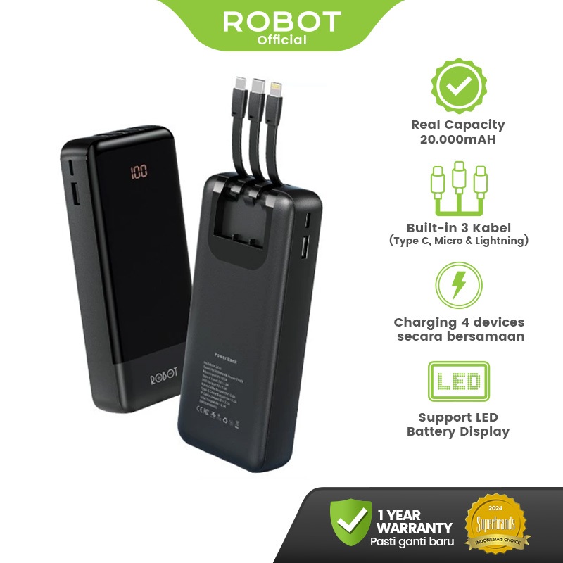 [FOR LIVE] ROBOT Powerbank 20000mAH 2.1A with 3 Cable Type C Lightning Micro Power bank LED Display 