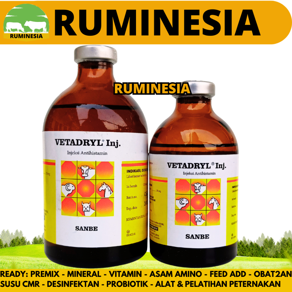 VETADRYL INJ 50ML VETADRYL INJ 100ML - Obat Hewan Antihistamin Ternak Sapi Kuda Kambing Babi Anjing