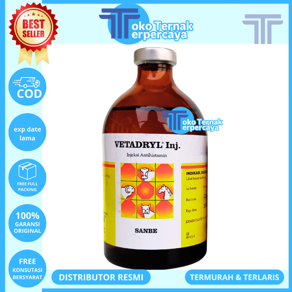 VETADRYL 100ML - Obat Hewan Antihistamin Ternak Sapi Kuda Kambing Babi Anjing Kucing SANBE