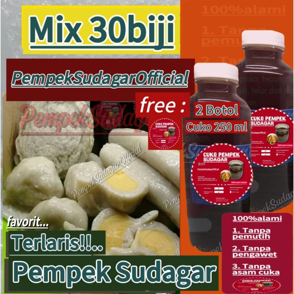 

Pempek paket mix isi 30 biji pempek kecil + free 2botol cuko 250ml # All varian (Di vacum) # pempek bandung # pempek enak # pempek ikan tenggiri asli