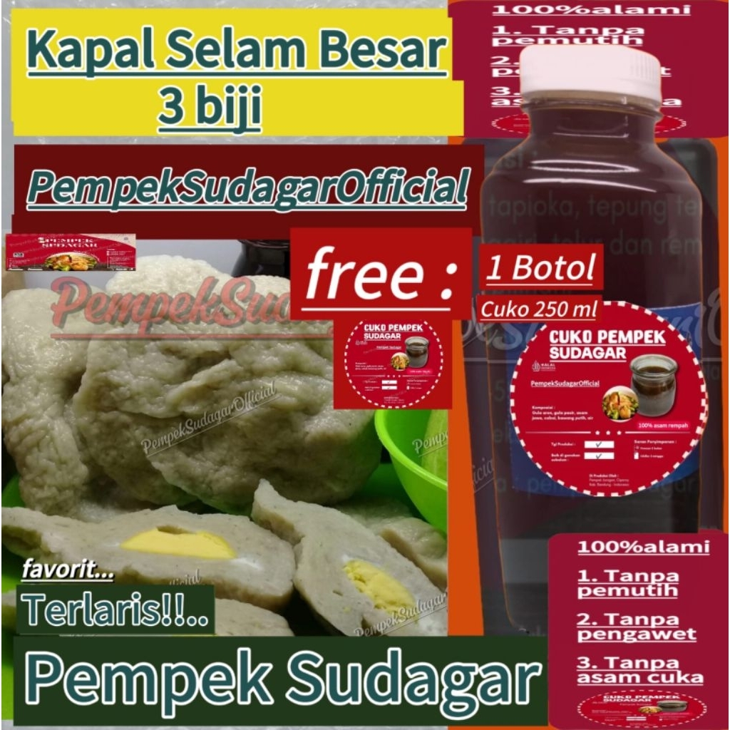 

Pempek paket isi kapal selam besar 3biji + free 1botol cuko 250ml # All varian (Di vacum) # pempek bandung # pempek enak # pempek ikan tenggiri asli