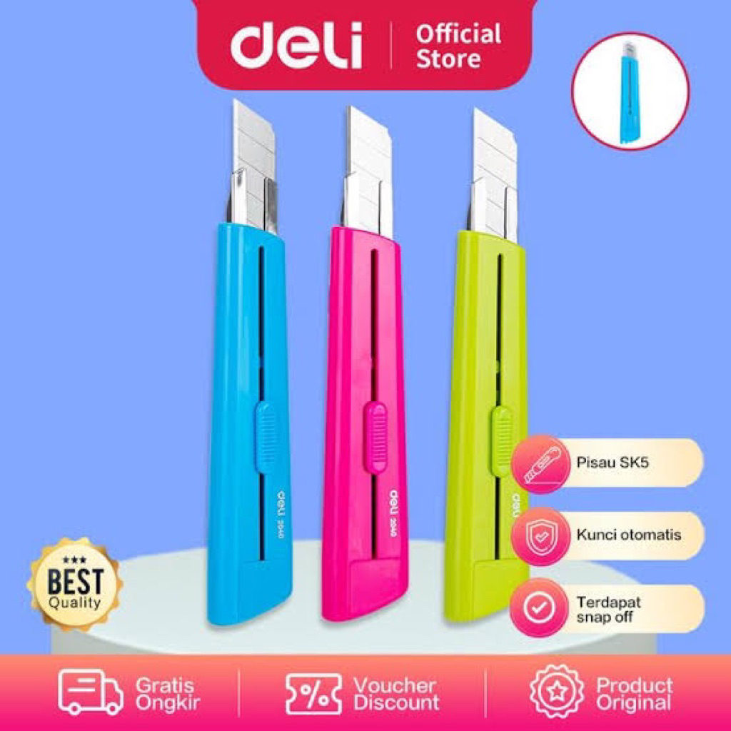

deli cutter 2040 - deli cutter warna - cutter warna pastel - pisau cutter deli