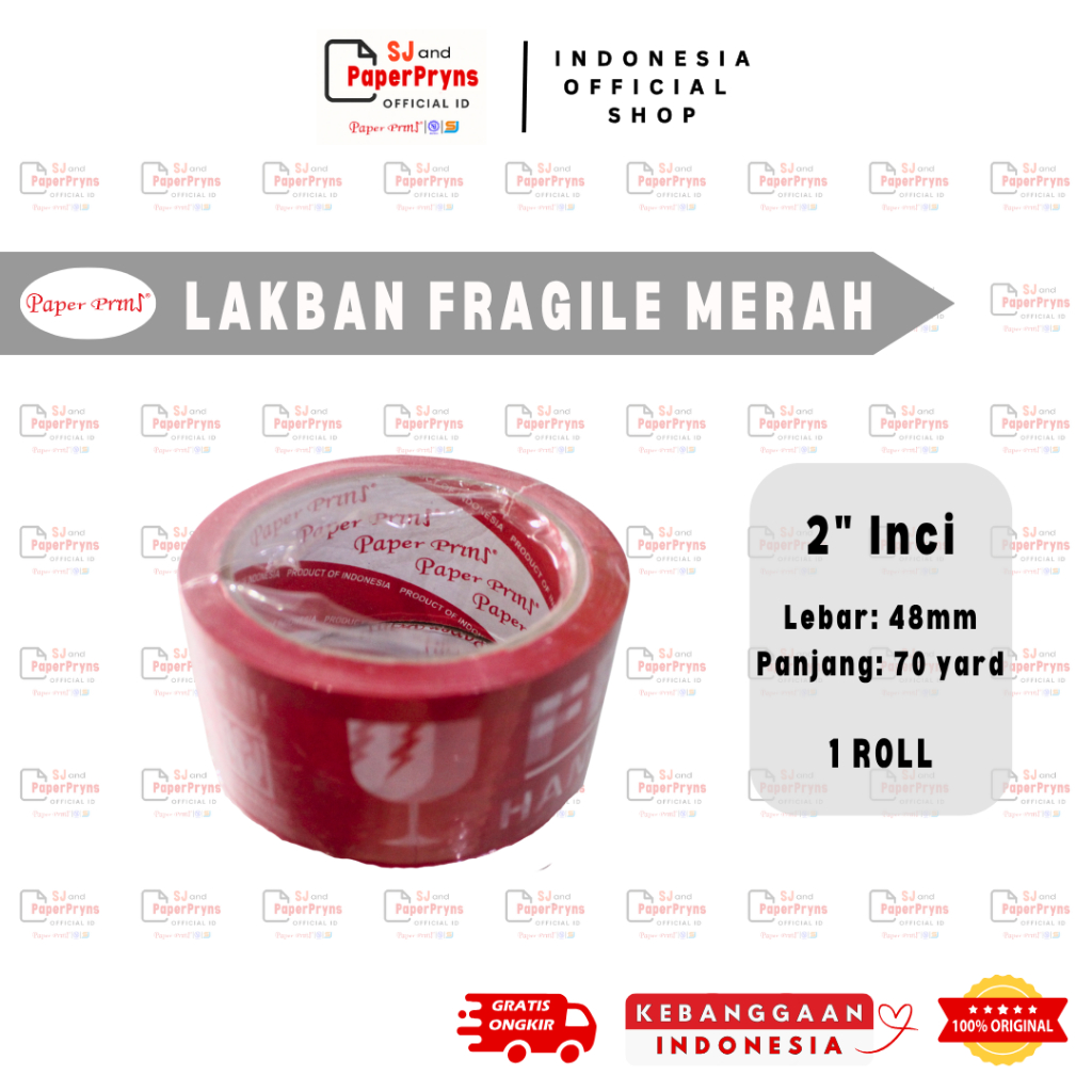 

PAPERPRYNS Lakban OPP Packing Fragile Merah 2” Inci (48mm x 70 Yard) - 1 ROLL