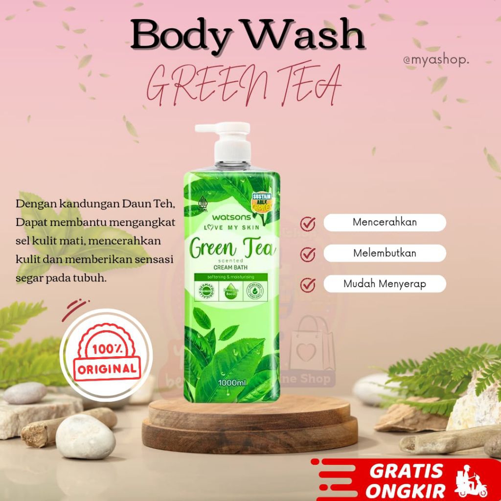 Watson Sabun mandi cair, sabun mandi greentea, sabun mandi cair 1 liter, aroma green tea,  mencerahk
