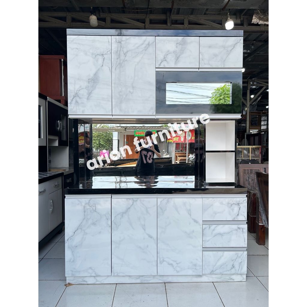 Lemari Sayur 4 Pintu HPL / Rak piring Kitchen set semi HPL mirror kaca