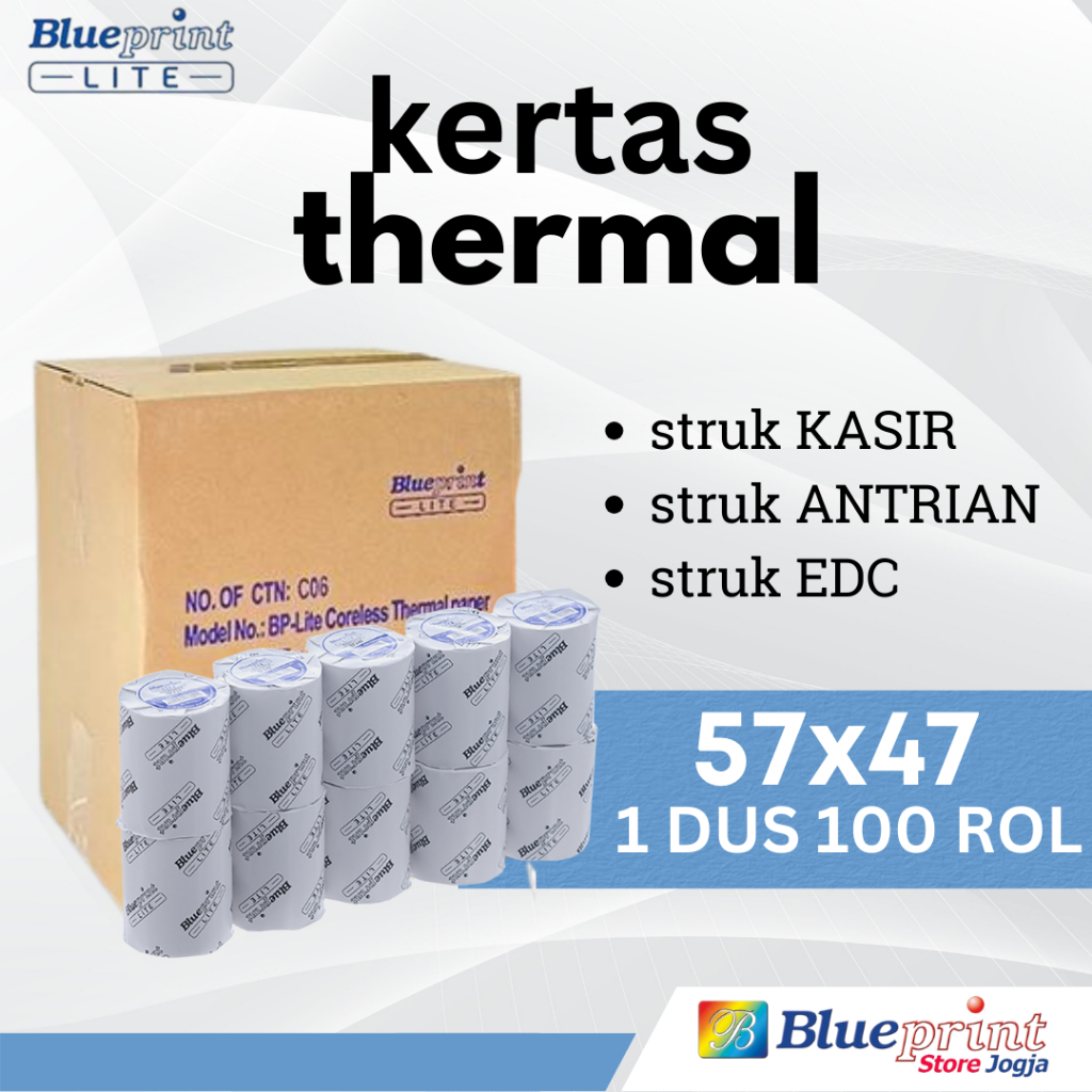 

DUS 100rol LITE 57x47 BLUEPRINT Kertas Thermal PPOB EDC Antrian Parkir Struk KASIR 58x47 58x48
