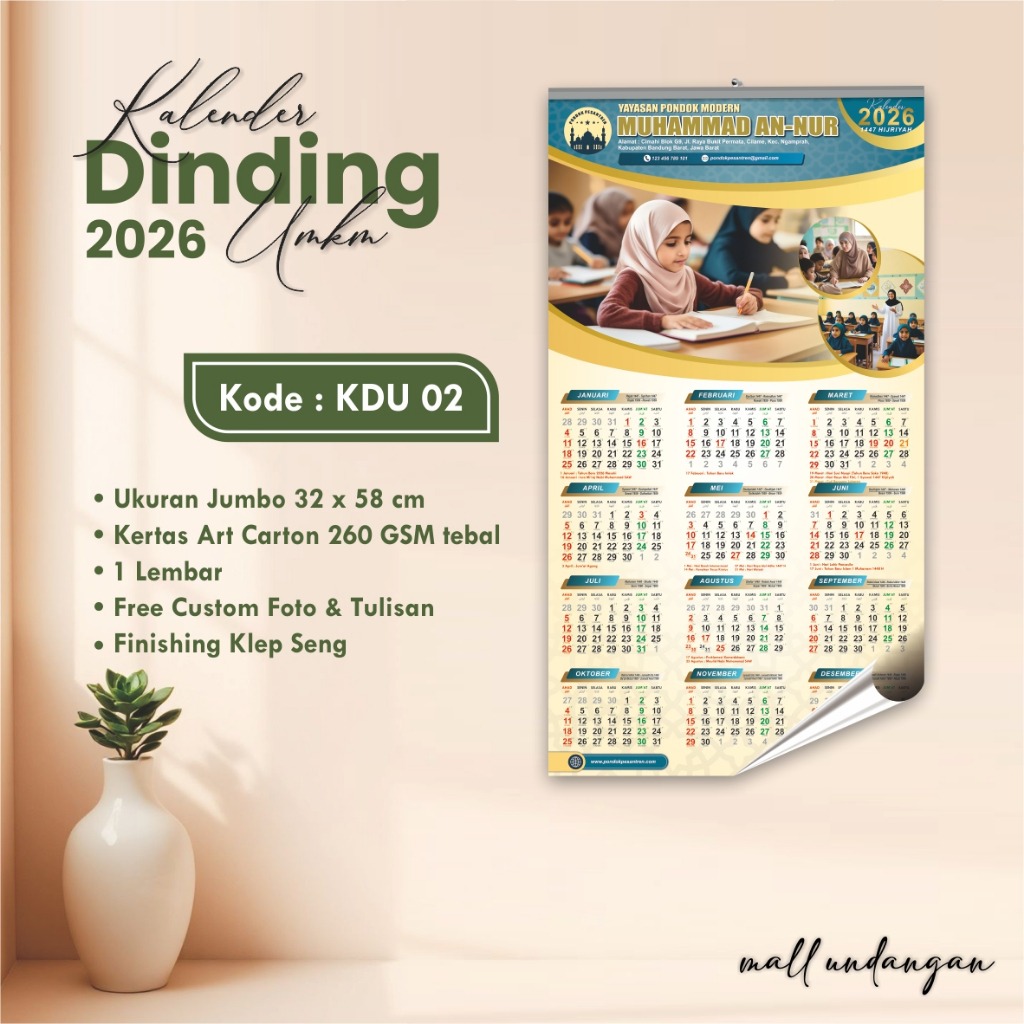 

CETAK KALENDER DINDING CUSTOM FREE FOTO USAHA/PONPES/OLSHOP - KALENDER DINDING KDU 2026 1 PLY