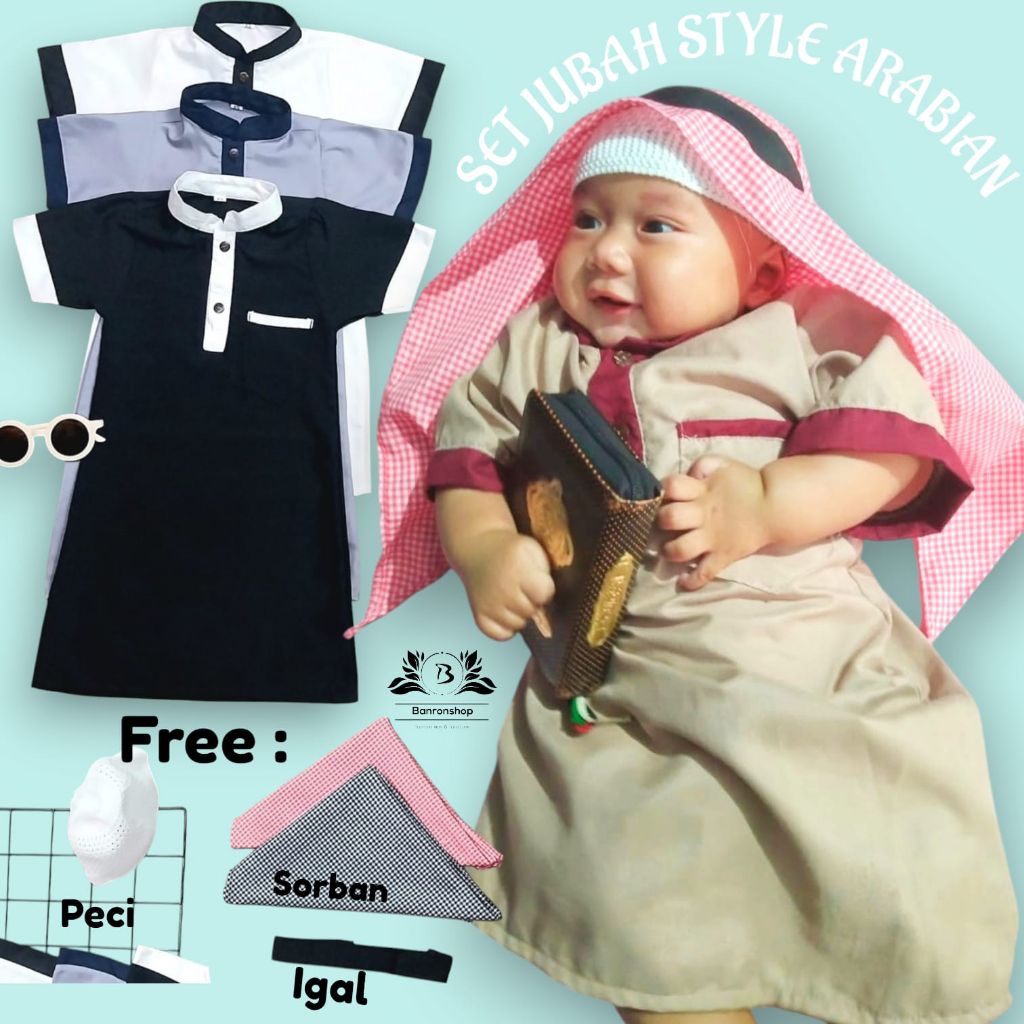 SET KOKO JUBAH GAMIS  BAYI ANAK USIA 0-24 BULAN FREE PECI SORBAN IGAL