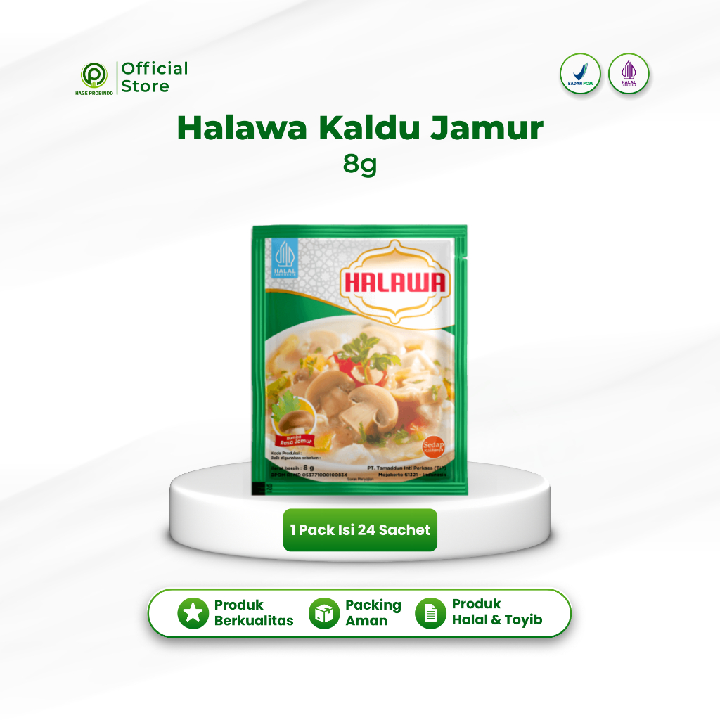 

Halawa Bumbu Probiotik 1 Pack (Isi 24 Sachet) Kaldu Jamur 8g | Bumbu Masak HALAL & BPOM