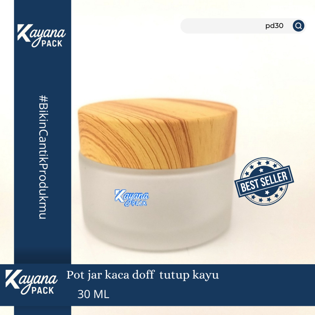 Pot Cream 30 ml Kaca Dof / Frosted Cap Kayu Mewah Elegan / Pot krim wajah 30ml Tutup kayu (pd30)