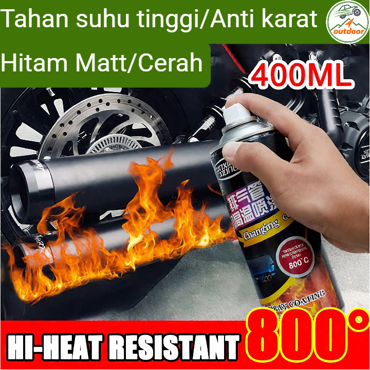 Cat Semprot Suhu Tinggi 800°C Doff Hitam 400ML - Tidak Pudar Tahan Bensin Untuk Mobil Motor Mesin Kn