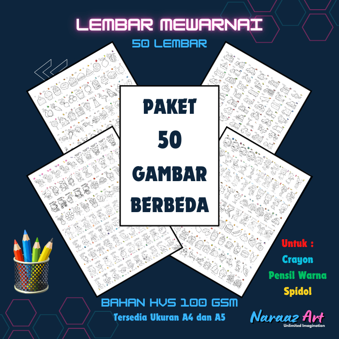 

Gambar Mewarnai Paket 50 Gambar Berbeda Gambar Sketsa Bukan Buku TK PAUD SD Kertas HVS 100gsm