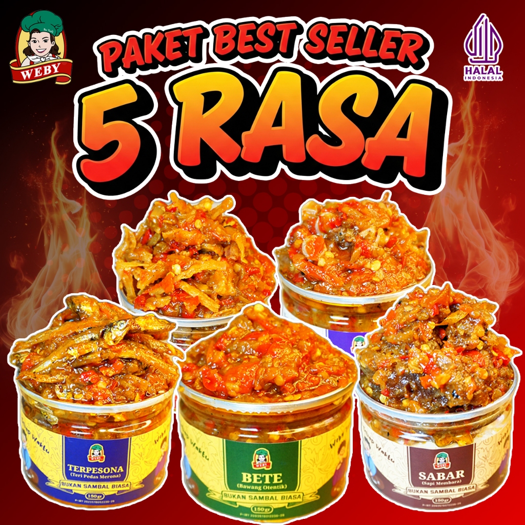 

Sambal Weby Paket BEST SELLER ISI 5 VARIAN, Sambal Cumi, Sambal Teri, Sambal Ayam, Sambal Sapi dan Sambal Bawang, isi 150 gr