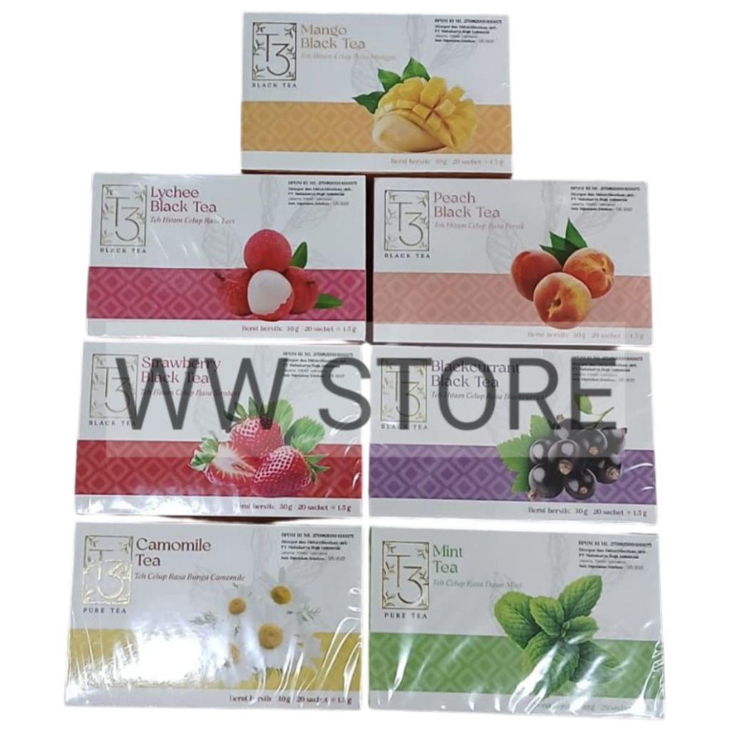 

Teh hitam celup rasa daun bunga chamomile buah mangga persik leci stroberi T3 Mint Leaf Camomile Flower Mango Lychee Peach Strawberry Blackcurrant Black Tea 30g ( 20 sachet x 1.5g )