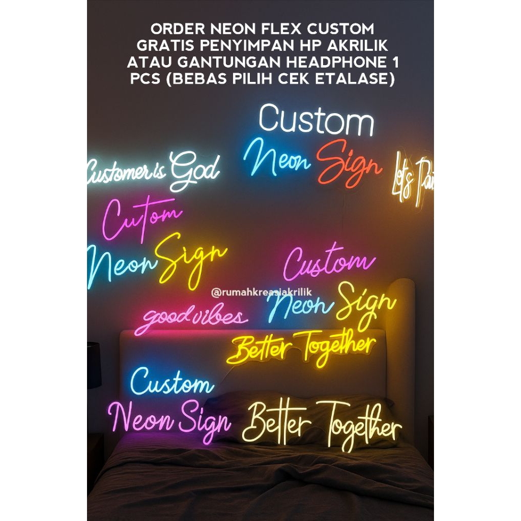 Custom Nama Tulisan Lampu Neon Acrylic Hiasan Dinding Custom Buat Studio Toko Kamar DLL