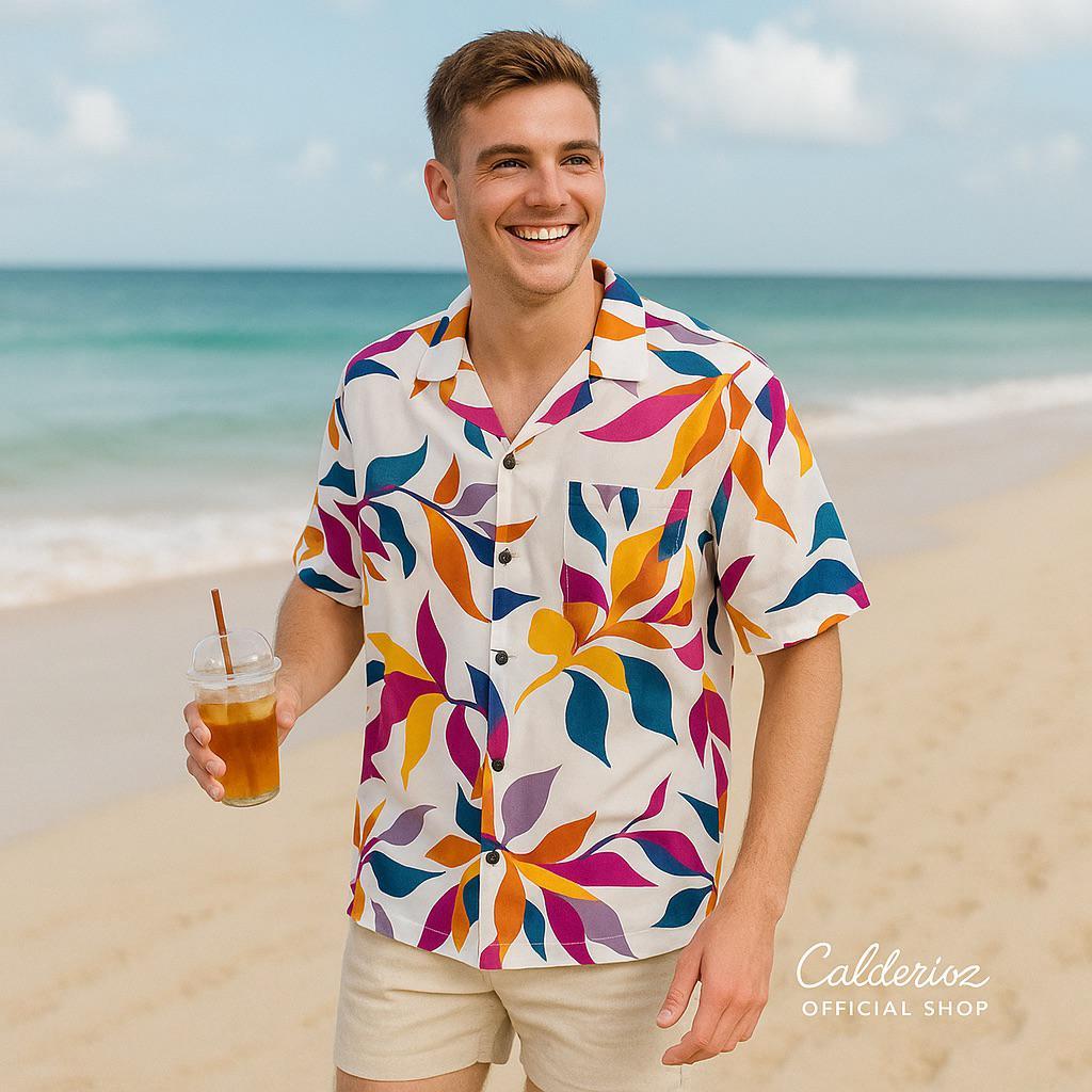 Calderioz - Kemeja Santai Motif Daun Tropis Lengan Pendek Pria Wanita Outfit Summer Casual