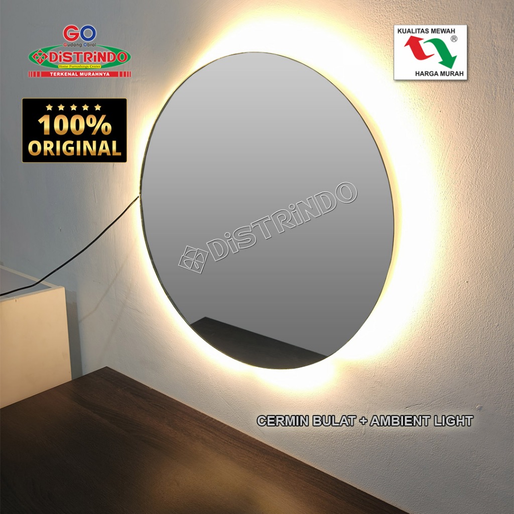 DISTRINDO Cermin Dinding Bulat + LAMPU LED / Cermin Rias / Cermin Meja Rias