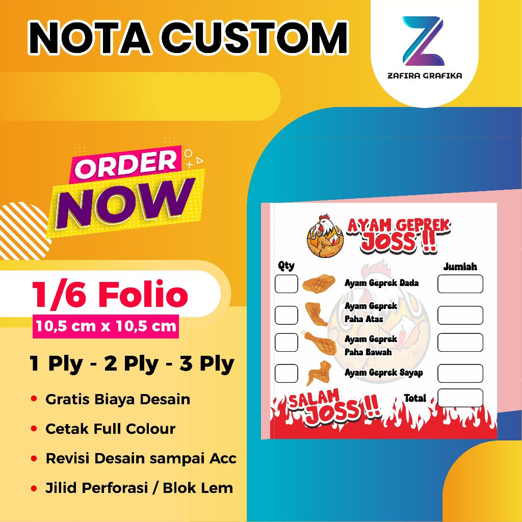 

Nota Satuan 1/6 Folio, Cetak Nota Custom Satuan per Buku, Desain Bebas, 1, 2, 3 Ply, Gratis Desain