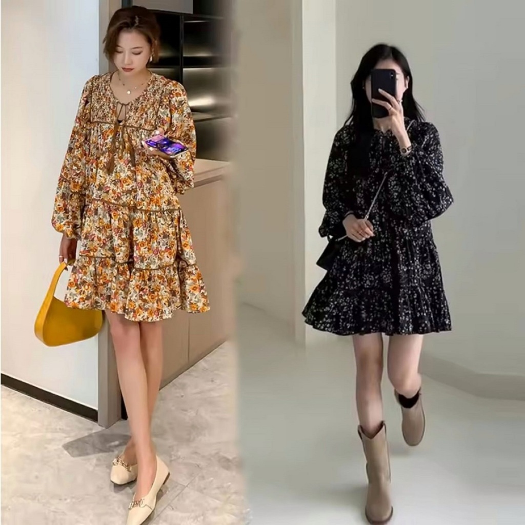 Gaun Babydoll Wanita Korea Bahan Crepe Motif Bunga Tanna Dress M-XL | Joca Clothing