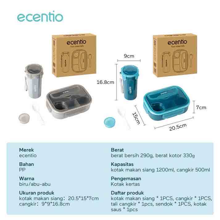 Lostklik Ecentio Set Tempat Makan - Lunch Box Dan Tumbler - Empat Sekat Anti Tumpah