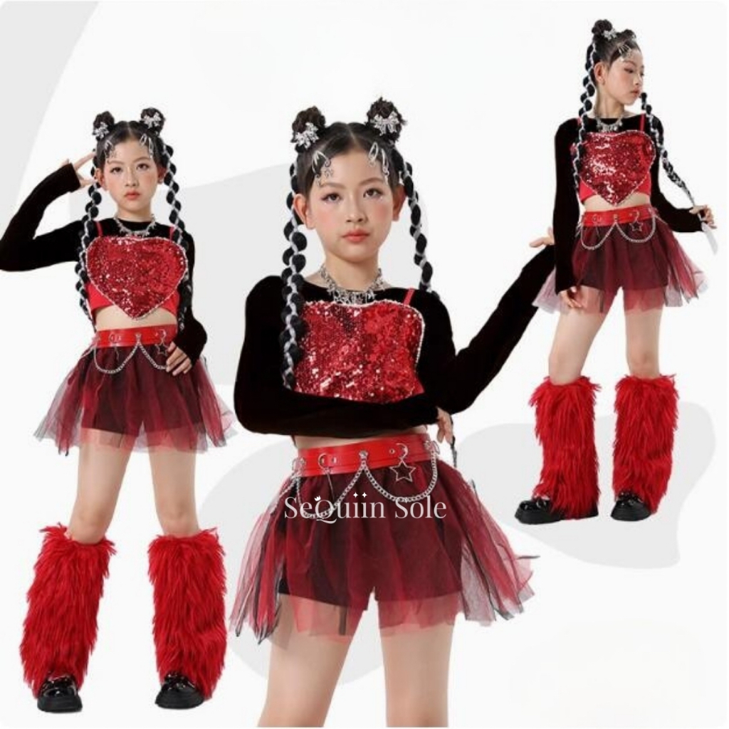 Sequiin Sole Red Love Sequin Set Kids Dance Costume/Set Baju Dance Anak Hip Hop/Kpop Hati Set Merah