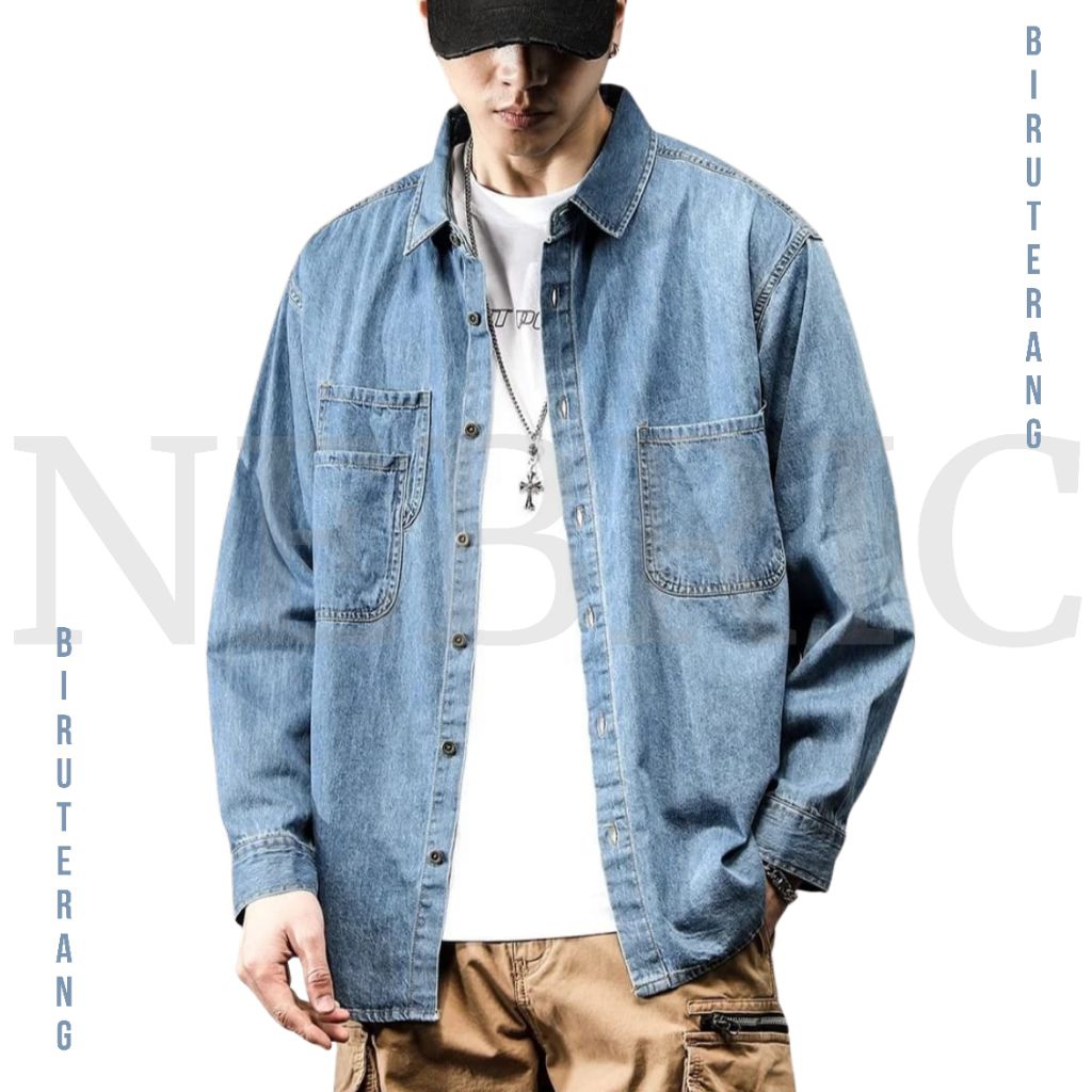 HOPPE Kemeja Jeans Wash Pria Lengan Panjang Oversize Casual Denim Shirt Cowok Fashion Korean Style S