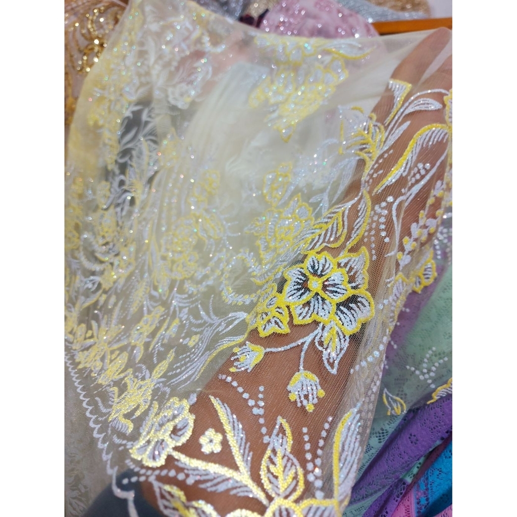 kain tile payet premium  - kain tile payet mewah  -tile payet kebaya - tile payet mutiara(yellow) dr