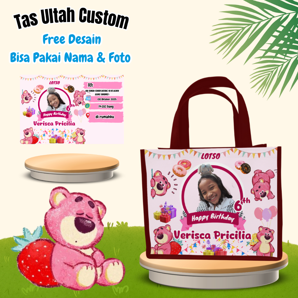 

Paket 60 Pcs Tas Snack & Free Undangan Ulang Tahun Anak Custom Lotso Pakai Foto Nama Muat Box Kfc