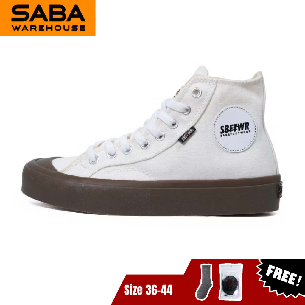 SABA Basic High Off White Dark Gum - Free Kaos Kaki + Tali -  Sepatu Lokal Sneakers Casual Pria Wani