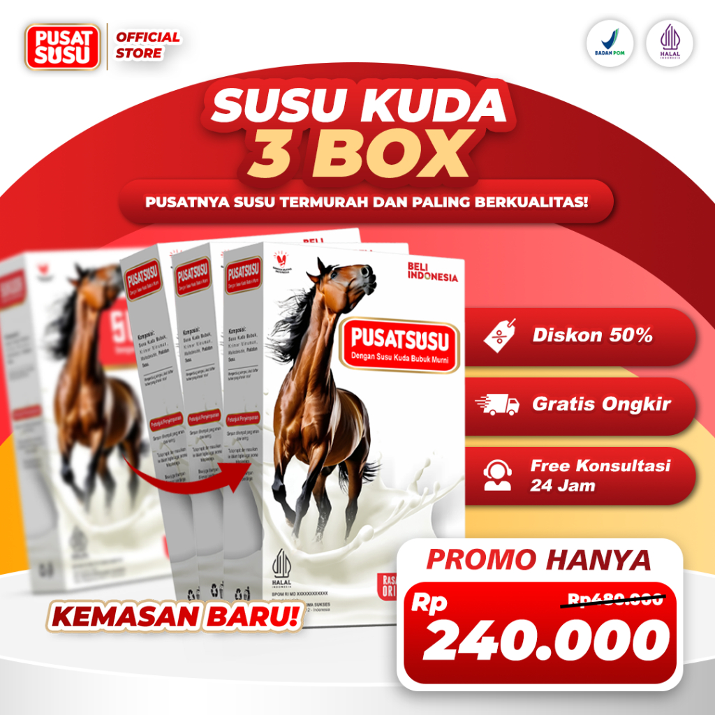 

Pusat Susu - Susu Kuda Bubuk Murni 200gr - Diformulasikan Untuk pernapasan Paket 3 Box