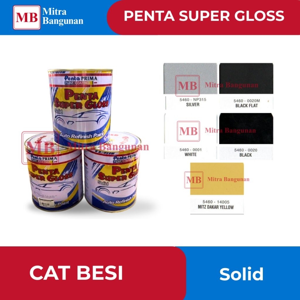 PENTA SUPER GLOSS WARNA SOLID UKURAN 1KG PUTIH, HITAM KILAT, HITAM DOFF, SILVER DAN DAKAR YELLOW