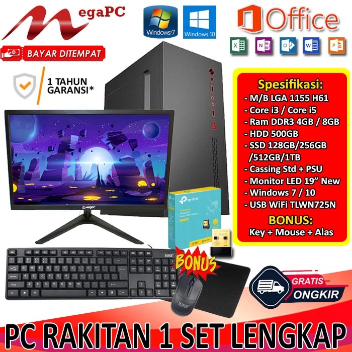 1 Set Pc Komputer Rakitan Lengkap Plus Monitor 19 inch