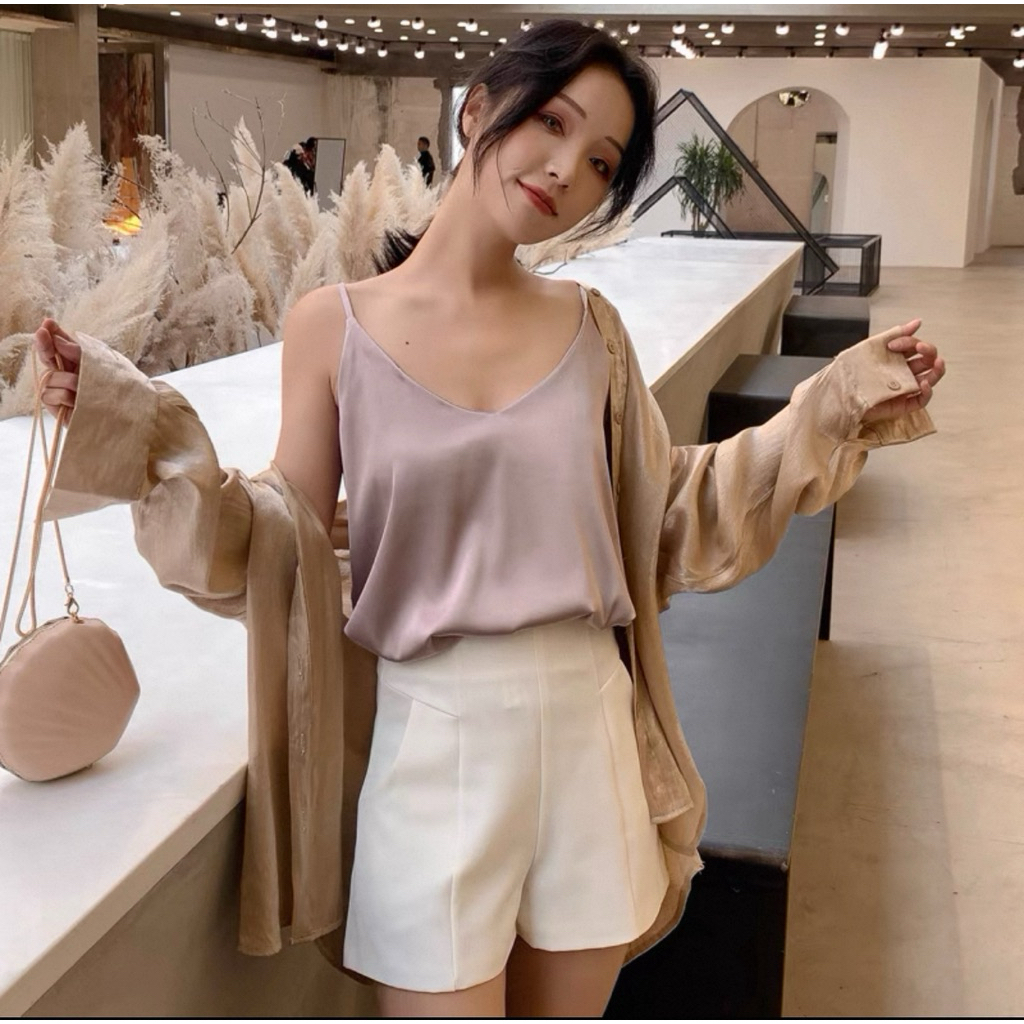 B-007 Tanktop Satin Dalaman Kebaya Atasan Wanita Dalaman Polos V Neck