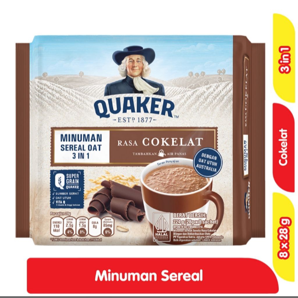

Quaker Oats 3 in 1 Minuman Sereal Rasa Cokelat Bag 8 x 28 g