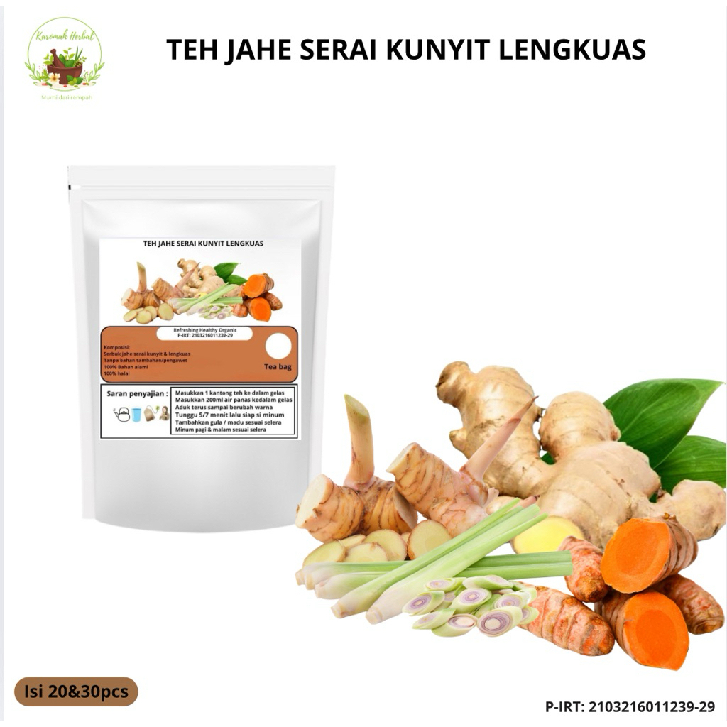 

TEH CELUP HERBAL JAHE SERAI KUNYIT LENGKUAS |Ginger|Lemongrass|Turmeric|Galangal (Memperbaiki kualitas sel telur dan sperma & mengurangi stress) isi 20&30pcs Tea Bag herbal