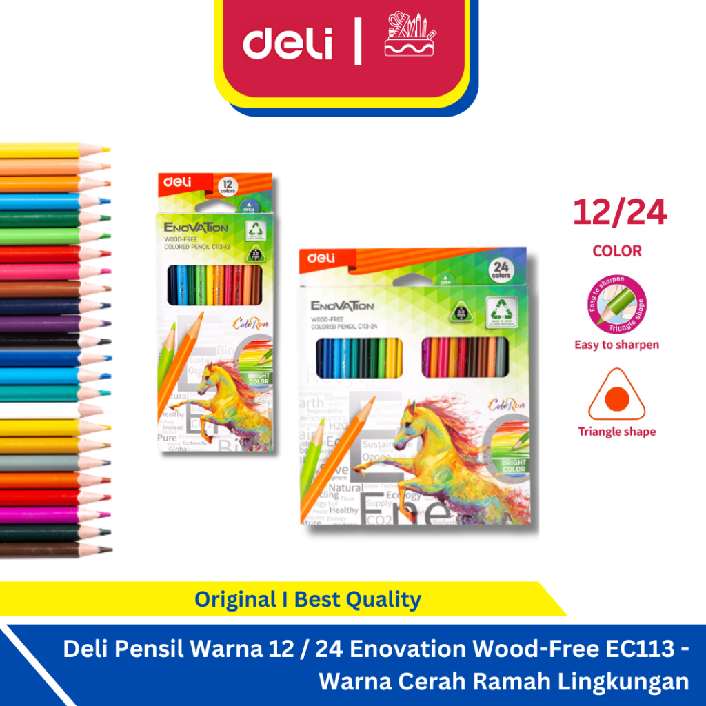 

Deli Pensil Warna 12 / 24 Enovation Wood-Free EC113 - Warna Cerah Ramah Lingkungan