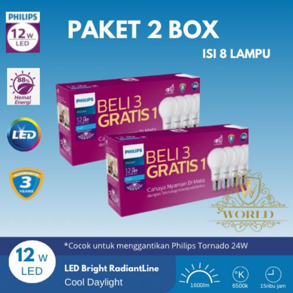 Lampu Philips LED 12 Watt (Hemat 2 Box Isi 8 ) Cool Day Light Multi Pack Eye Comfort Hemat Energi