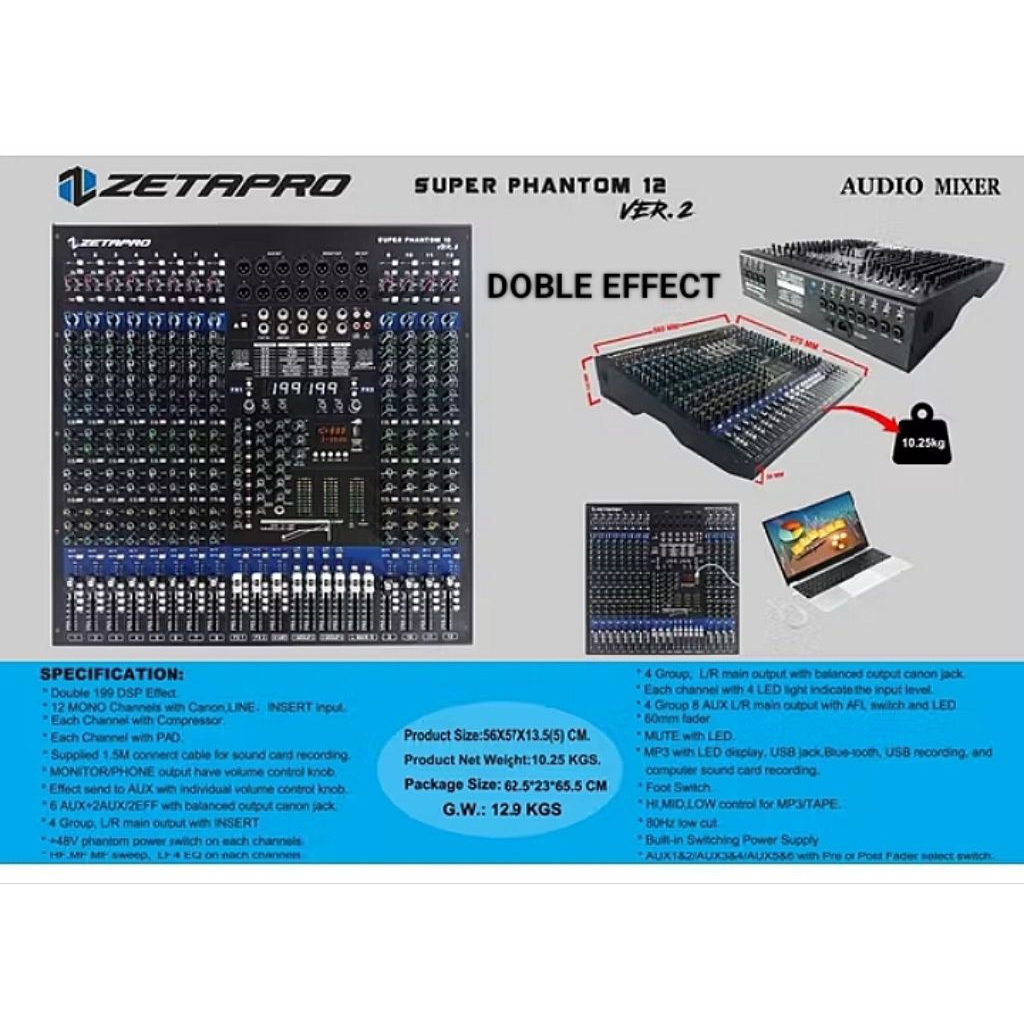 MIXER AUDIO ZETAPRO SUPER PHANTOM 12 DOBLE EFFECT