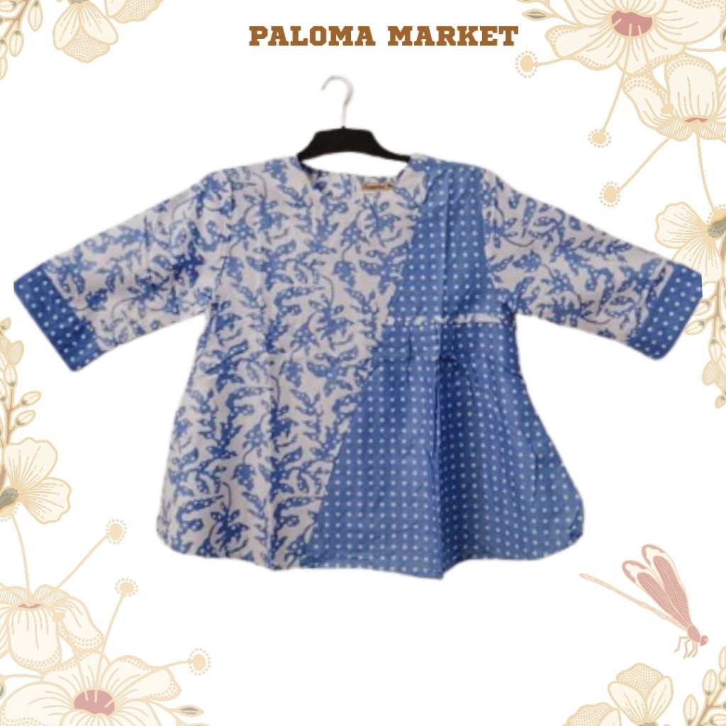 Blouse Batik Wanita Kombinasi Motif Biru Polkadot Modern Elegan