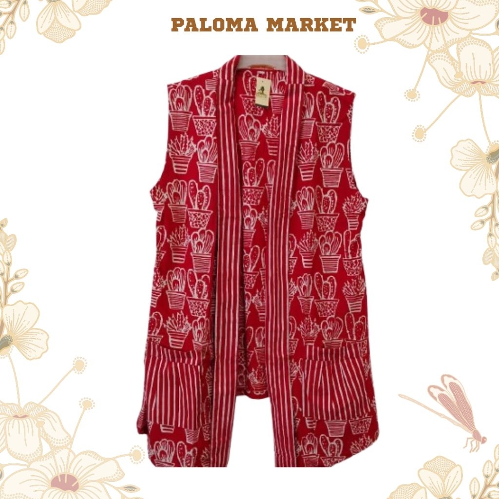 Rompi Batik Wanita Outer Tanpa Lengan Motif Cactus Merah