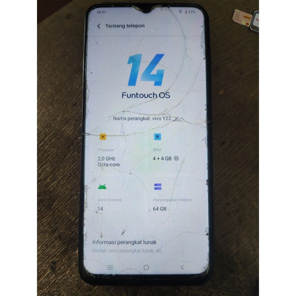 Lcd vivo Y22 ori copotan minus kaca depan pecah